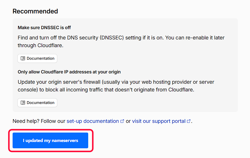 Cloudflare button confirming that nameservers have been updated