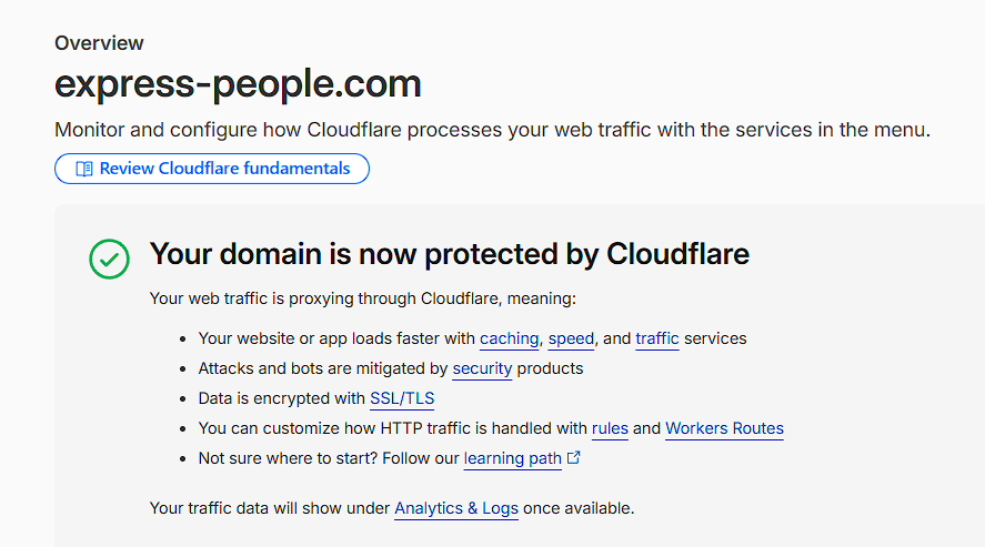 Cloudflare confirming the domain is active and protected