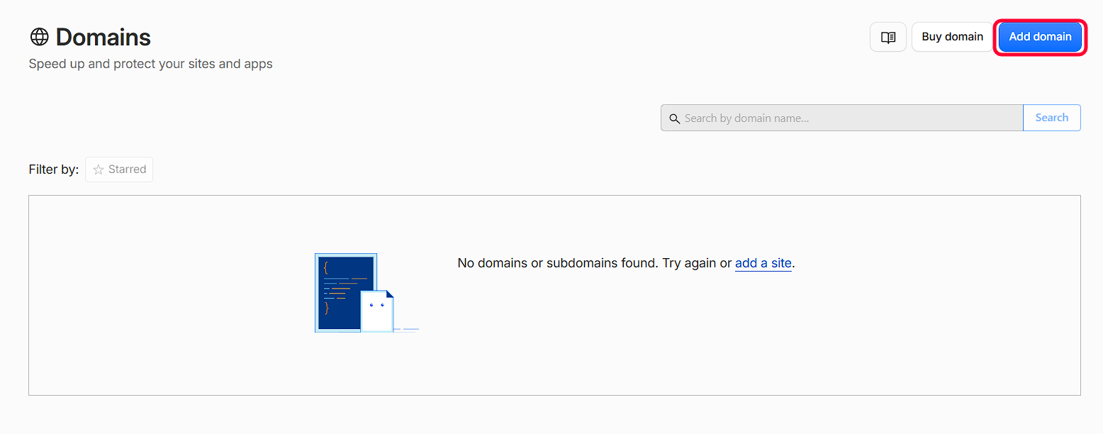 The Add a Domain button in the top right of the Cloudflare domains page
