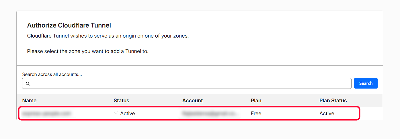 Browser page asking which domain to authorize cloudflared for