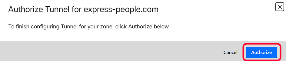 The Cloudflare authorize button for the selected domain