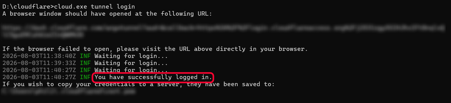 Terminal message confirming successful login