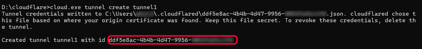 Terminal output showing the created tunnel and its UUID
