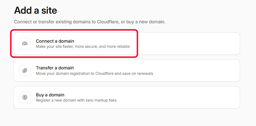 Cloudflare prompt offering to register or connect an existing domain