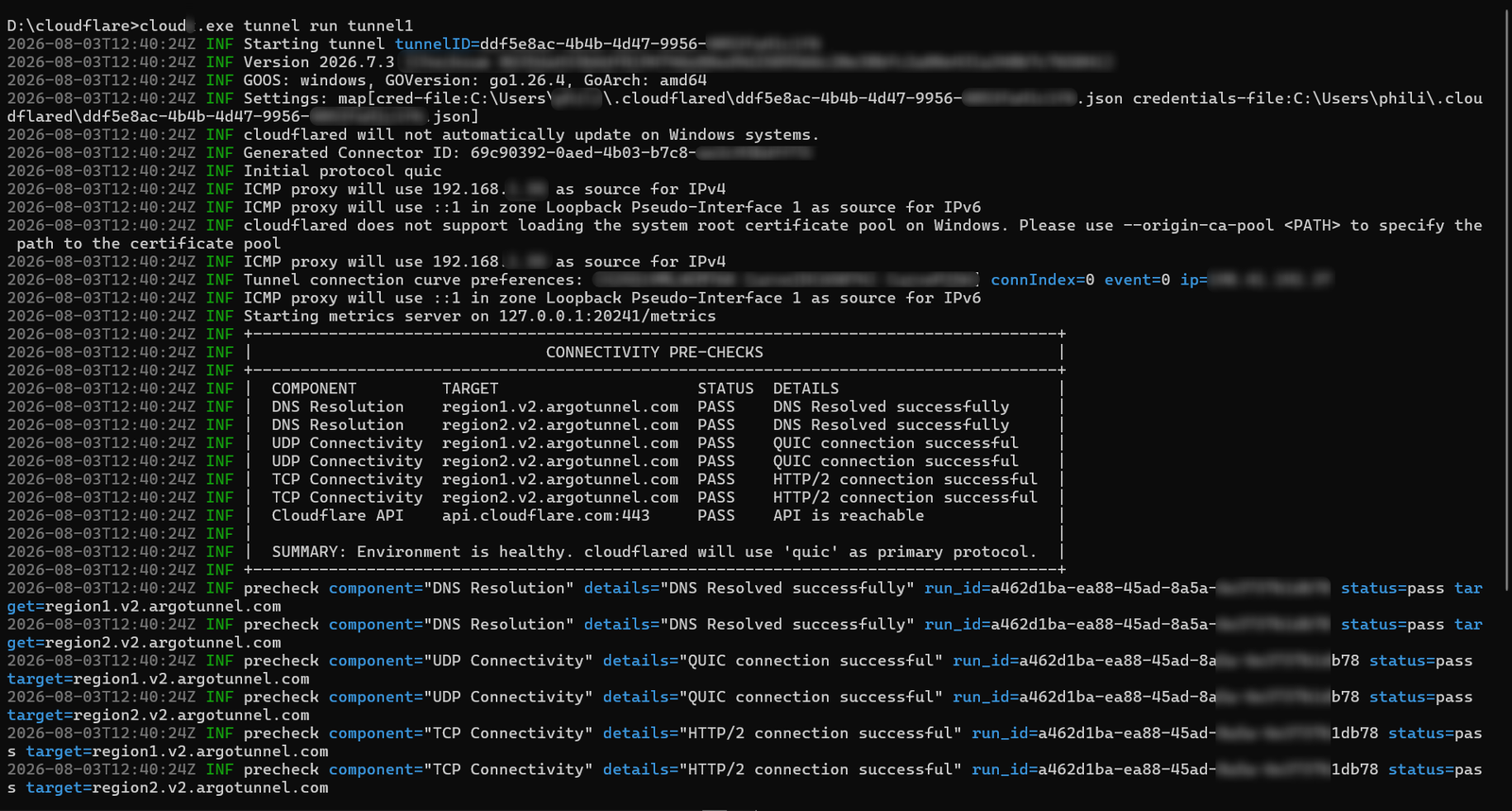 Terminal showing registered tunnel connections over HTTP and HTTPS