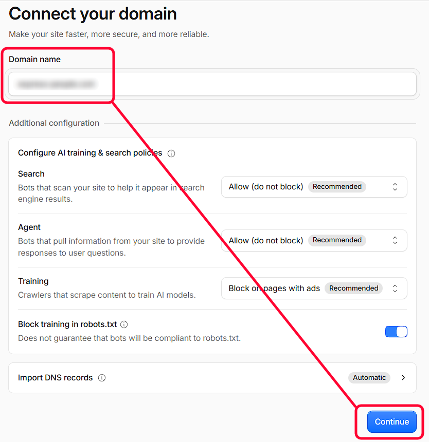 Entering an existing domain name into the Cloudflare connect flow