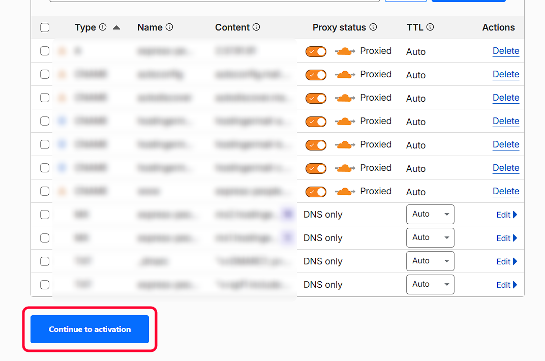 Cloudflare showing auto-detected DNS records ready to be imported