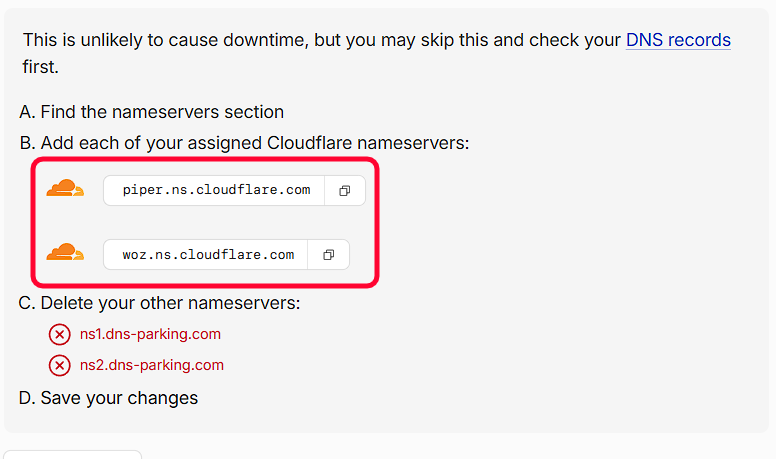 Cloudflare displaying the two assigned nameservers to copy