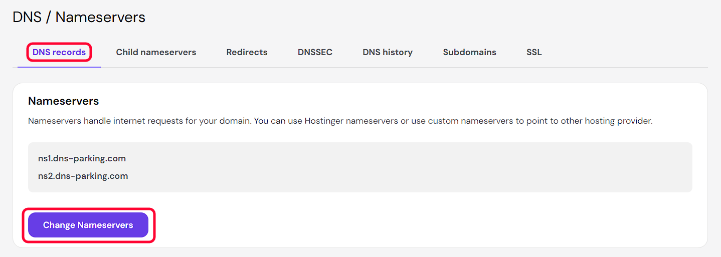 The Change Nameservers control inside the registrar DNS settings